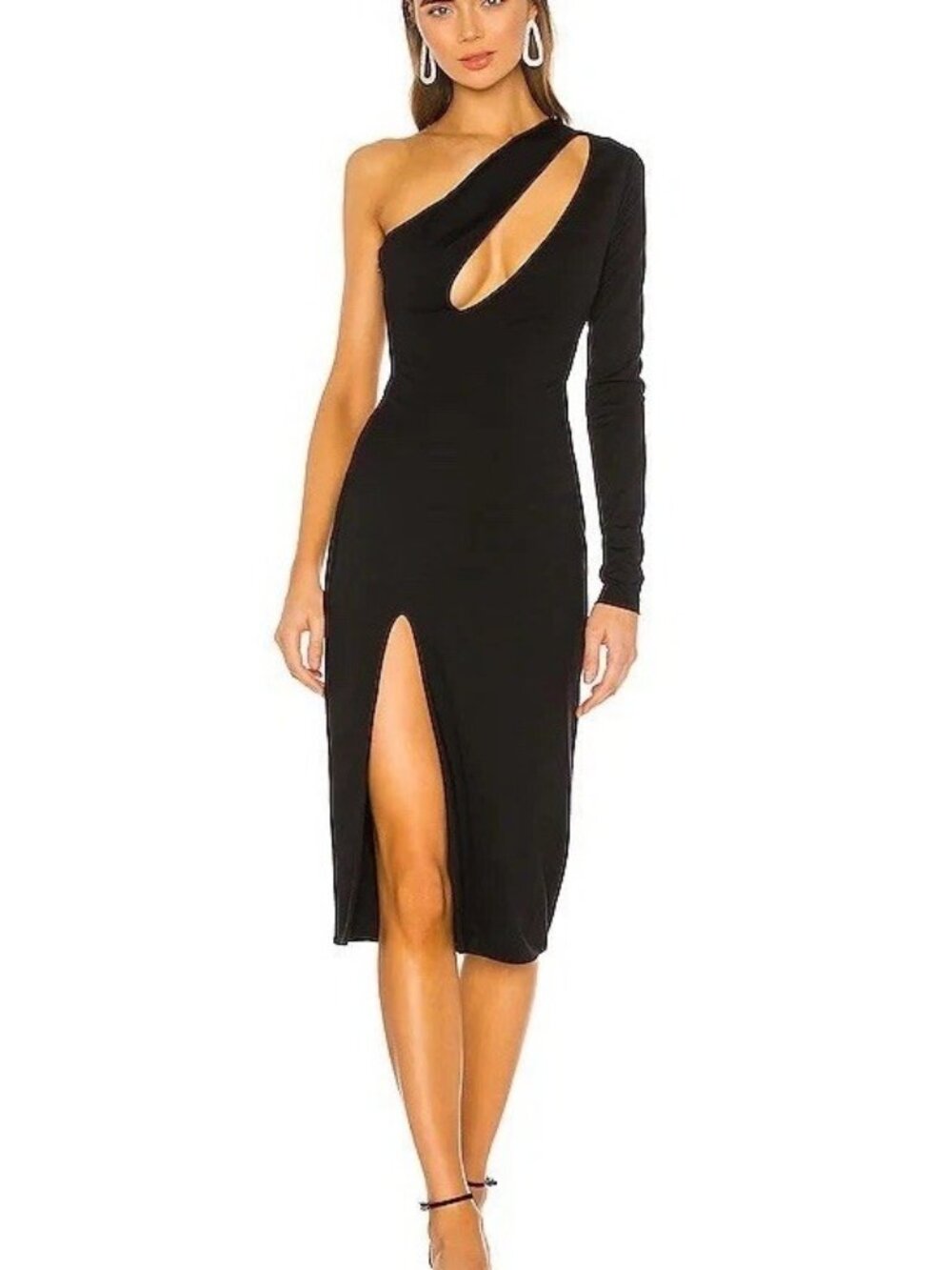 Pagne Midi Dress in Black H:OURS Xs Cutout Sexy Bodycon Stretchy